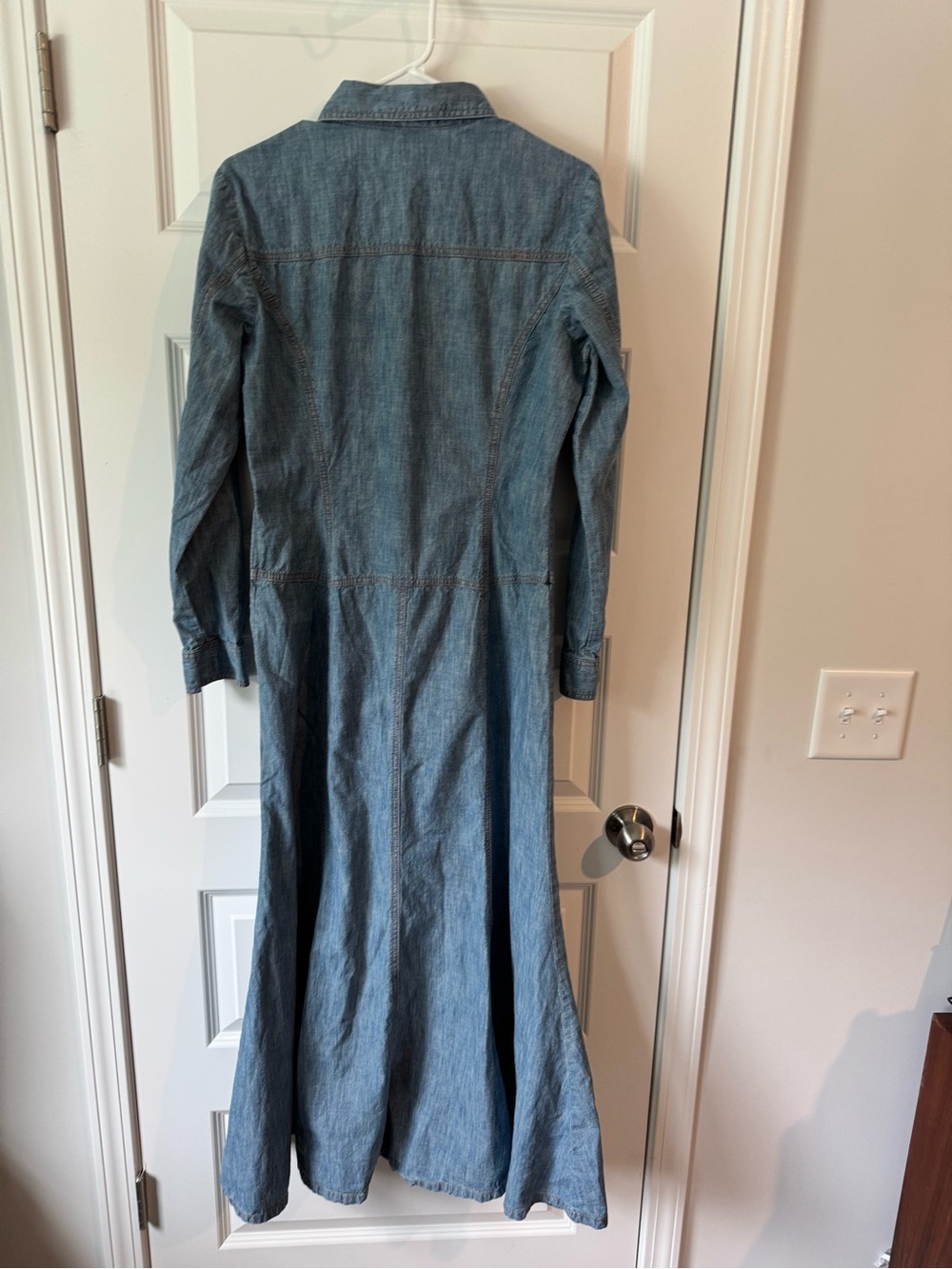 Classic Washed Blue Denim Maxi Shirt Dress with Long Sleeves - Picture 2 of 5